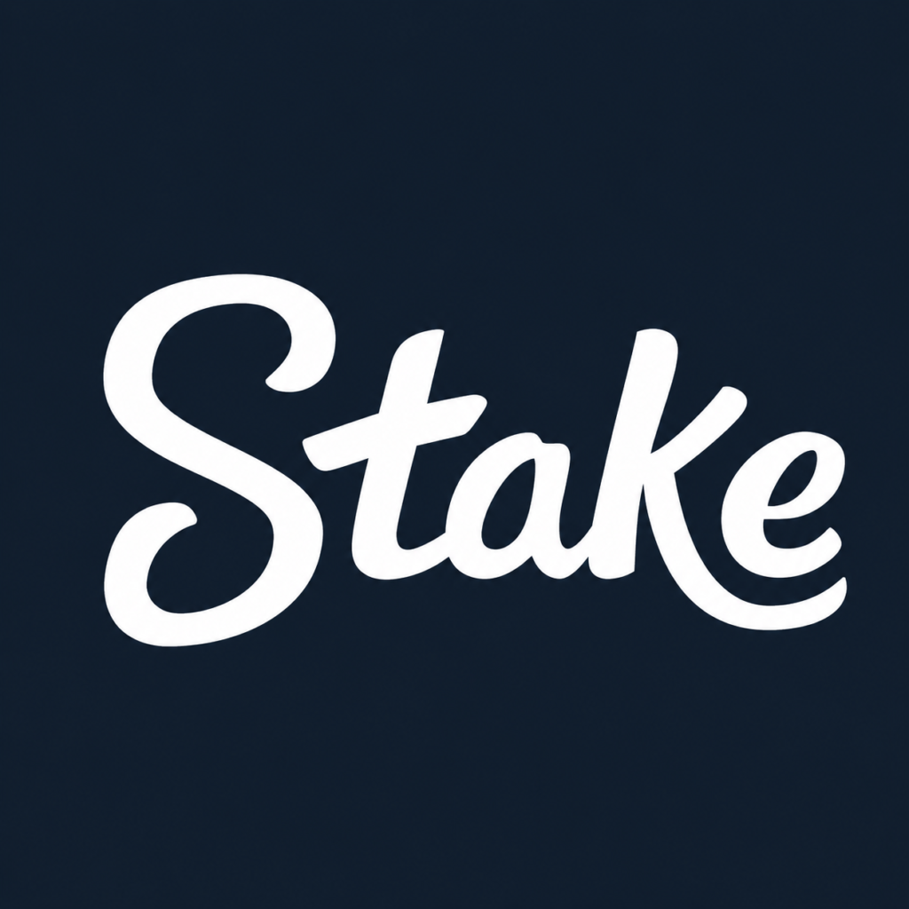 Stake logo in white script text on a dark blue background in 4K HD quality