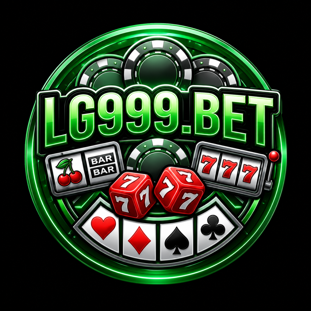 LG999.BET casino logo featuring green poker chips, slot machine symbols, dice, and playing cards in 4K HD quality
