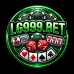 LG999.BET casino logo featuring green poker chips, slot machine symbols, dice, and playing cards in 4K HD quality