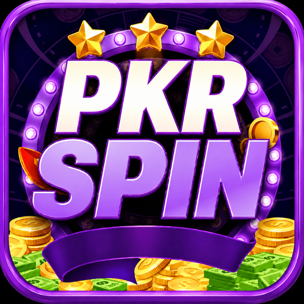 PKRSPIN app logo with purple casino theme, gold coins, stars, and earning rewards interface.
