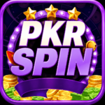 PKRSPIN app logo with purple casino theme, gold coins, stars, and earning rewards interface.