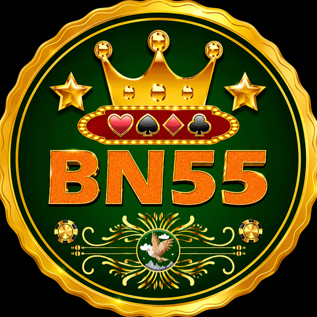 BN55 app logo featuring a golden crown, casino card symbols, stars, and green luxury background.